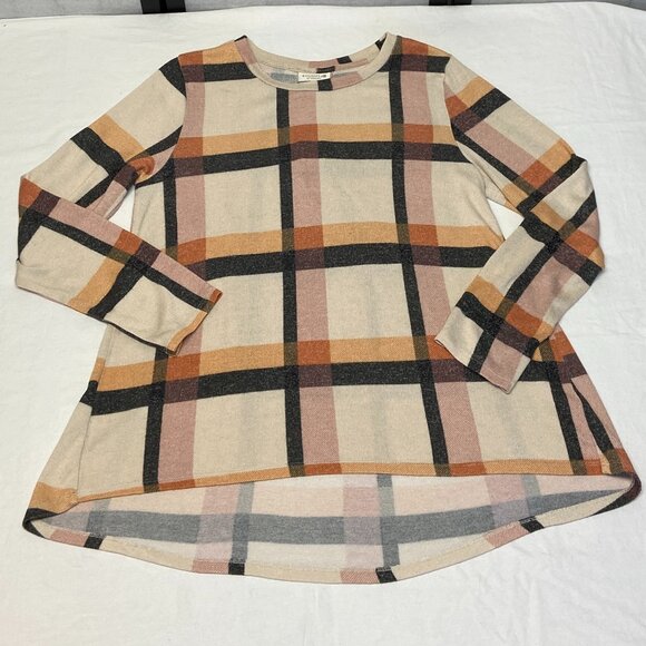 Studio B Bobeau Long Sleeve Scoop Neck Fuzzy Knit Pleat Back Plaid Tee Shirt XL - Picture 7 of 13